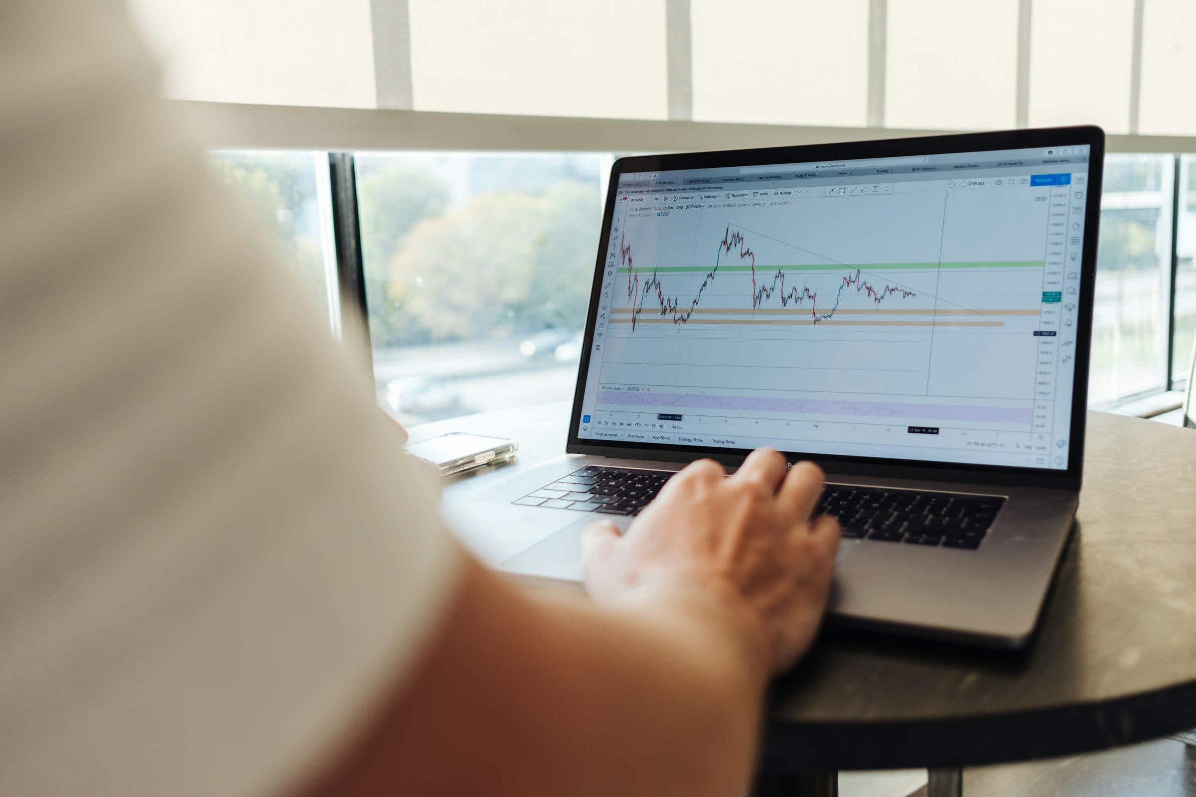 Person at a laptop reviewing a financial market chart by an office window